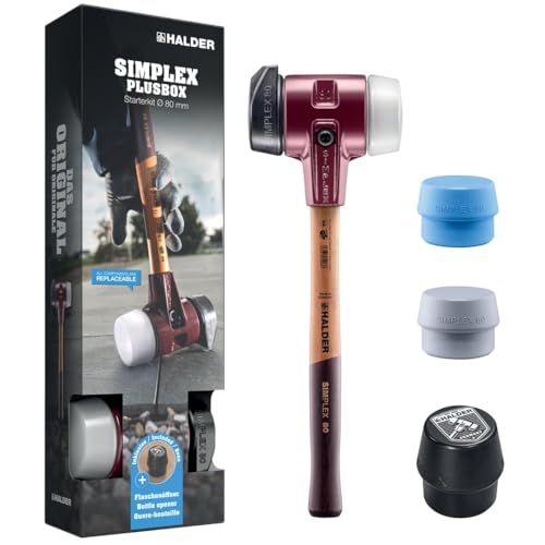 HALDER-Plusbox Starterkit, SIMPLEX-Schonhammer D80, Gummikomposition mit Standfuß/Superplastik sowie je ein TPE-soft und TPE-mid Schlageinsatz plus Flaschenöffner | 3027s025