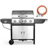 4+1 Brenner Gasgrill, Master mit Seitenkochfeld,BBQ Grillwagen Gas aus Edelstahl,Hochleistungsbrenner, Impulszünd, mit Thermometer,Große Grillfläche,Grillküche,Standgrill, 4*/2.93KW + 2.33KW