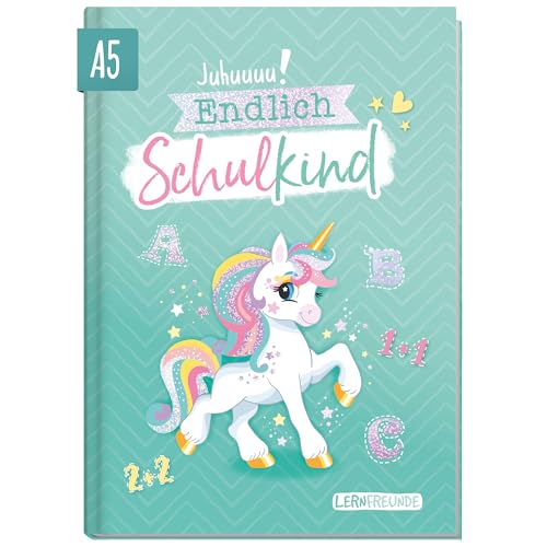 Endlich Schulkind! A5 Erinnerungsbuch zur Einschulung "Einhorn" Hardcover Einschulungsalbum Schulanfang Geschenk für die Schultüte, erster Schultag - nachhaltig & klimafreundlich