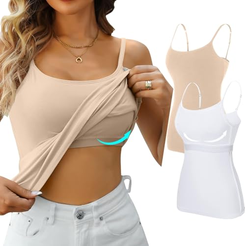 Attraco Baumwolle Top Regal BH Camisoles unterhemd Verstellbare Spaghetti Strap Tank Tops Scoop Neck Layer Cami Weiß/Nude XL