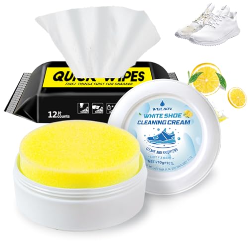 WEILAOK Sneaker Reiniger Weiß, Schuh Reiniger, Schuhputztücher, Sneaker Cleaner, Schuhputzsets für Sportschuhe, Lederschuhe, Freizeitschuhe und Die Meisten Anderen Schuhe, 260 G+12 Stück
