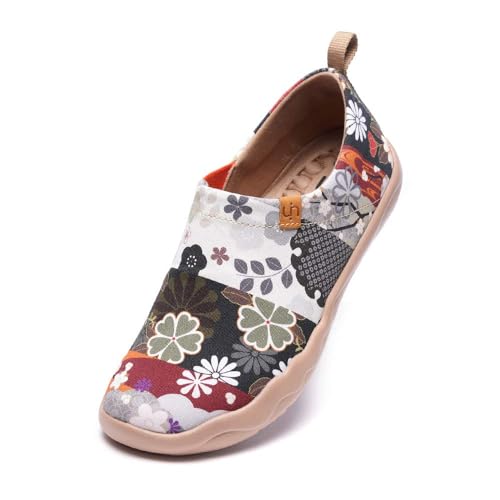 UIN Damen Schwarz Slip On Schuhe Blume Canvas Wanderschuhe Sneaker Leicht Loafer Shoes Reise Schuhe Segelschuhe Hana(41)