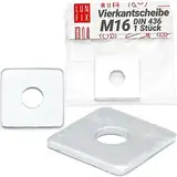 Lun Fix Quadratische Unterlegscheibe M16 50x50x4,5mm - DIN 436|1 Stck.|Vierkantscheibe verzinkter Stahl, Flache Vierkantscheiben für Bolzen Gewindestangen,Rechteckige Unterlegscheiben mit Rundem Loch