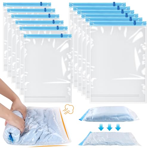 Dntorx 12 Stück Vakuumbeutel für Kleidung Reise, 40x60cm + 35x50cm Vacuum Bags for Clothing Platzsparende Vakuumierbeutel Kleidung Reisezubehör Kleiderbeutel Keine Vakuumpumpe Erforderlich