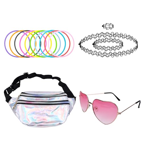 GADITIEK 90er Jahre Accessoires,90er Jahre Outfit Damen, Malle Accessoires,CSD Outfit Damen Festival Outfit Damen, Bauchtasche Damen Silber, Herzbrille Rosa, Tattoo Kette 90s,Neon Accessoires