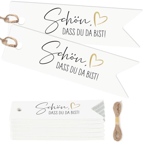 MEJOSER 50 Stück Schön dass Du Da Bist Anhänger Hochzeit Geschenkanhänger Geburtstag Weihnachten JGA Taufe Gastgeschenke Etiketten Tags Label mit Schnur Herz