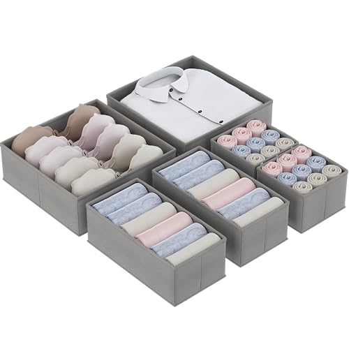 Vantimo Aufbewahrungsboxen für Schubladen, 6er Unterwäsche-Organizer, Schubladen-Organizer, Faltbare Aufbewahrungsbox Stoff für Socken, Unterwäsche, BHS, Krawatten und Schals, Grau