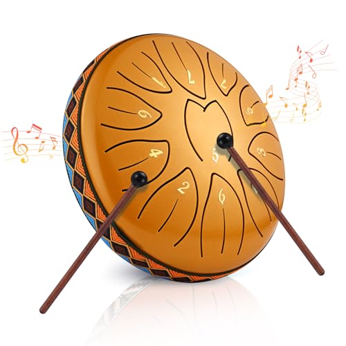 Zungentrommel, Sunowl 6 Zoll 11 Tones Steel Tongue Drum Satz, Stahlzungentrommel für Anfänger Kinder Erwachsene, Handpan Steel Drum mit Trommeltasche für Meditation, Klangheilung (Gold)