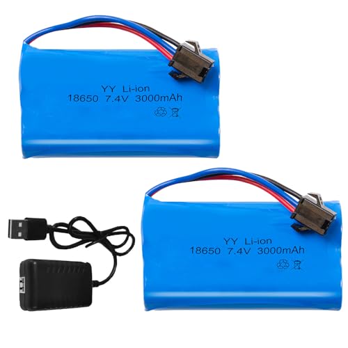 ADDLIVE 7.4 V Li-ion Battery, 2 Pcs Rechargeable Lithium Lonen Batterien, 7.4V 3000-mAh Lithium-Ionen Akku with Deans T Plug, 1 Chargers, Li-Ionen-Akku für RC Fahrzeuge,Panzer,Auto,Roboter,Stunt Car