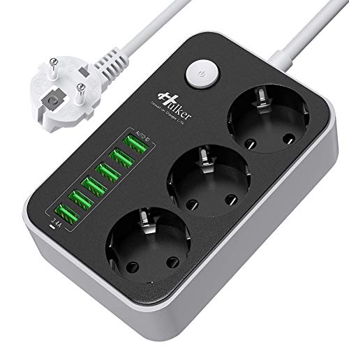 Mehrfachsteckdose HULKER Steckdosenadapter 3 Fach/Steckdosen 6 USB -Anschlüsse, Steckdosenleiste mit überspannungsschutz, 1.6 m Verlängerungskabel Universalsteckdose