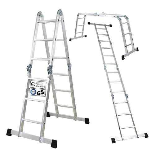 PROREGAL Sprossen-Mehrzweckleiter MULTISTEP mit TÜV/GS Zertifizierung und EN 131-Standard, 4-teilig Aluminium, 4x3 Sprossen, bis zu 3,6m Höhe, Traglast 150kg, Arbeitsgerüst Stehleiter Anlegeleiter