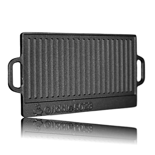 Grillschweine Grillplatte Gusseisen - Griddle 50x23 cm - doppelseitig verwendbare Wendegrillplatte - gerillte und glatte Seite - Holzkohle-, Gas- und Elektrogrill
