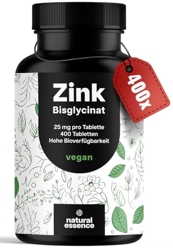 Zink Tabletten hochdosiert 25mg - 400 Tabletten hochdosiert mit Zink-Bisglycinat - Vegan und produziert in Deutschland - Laborgeprüft