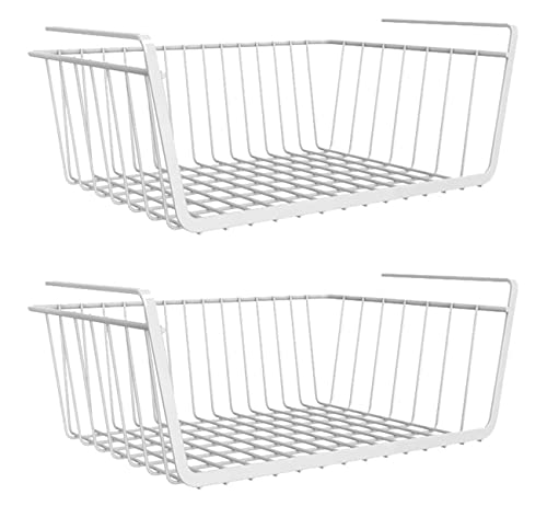 2 Stüc Hängekorb Metall, Unterregal Aufbewahrungskorb Schrankkörbe Organizer für Küche, Speisekammer, Büro, Bücherregal, Schrank, Schränke, Badezimmer Weiß