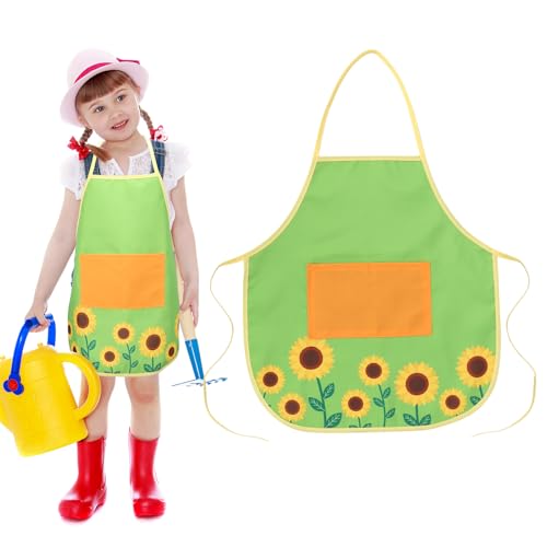 TGFIX Gärtnerschürze Kinder Sonnenblumen Schürze Junge Mädchen Gartenschürze mit Tasche Gärtner Gärtnerin Kostüm Grüne Kochschürze Grillschürze für Garten BBQ Küche Kochen