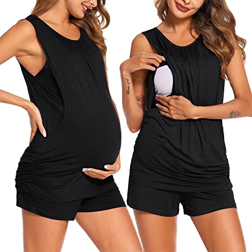 Ekouaer Zweiteiliger Stillpyjama Damen Ärmellos Umstandsmode mit Stillfunktion Kurz Hausanzug für Schwangerschaft schwarz XXL