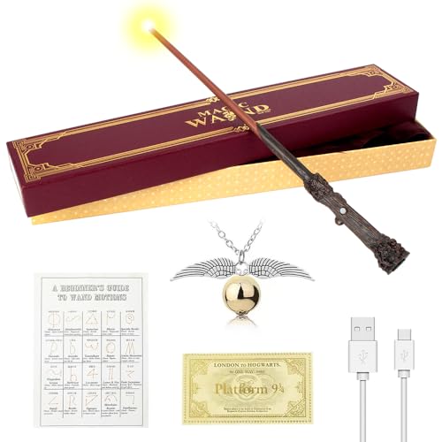 WDKXCN Harry Zauberstab Glühen, 38CM Zauberstab Harry P-Otter mit Licht, USB Aufladung Magic H-arry P-Otter Zauberstäbe, Harry Stab in Geschenkbox mit Zauberspruch-Karte, Stationsticket und Halskette