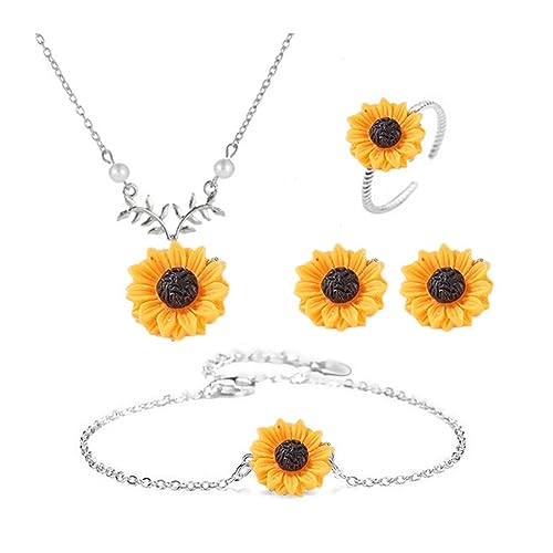 TOFBS Sonnenblumen Schmuckset Halskette Ring Ohrringe Schmuck Set Blumen Anhänger Halskette Ohrstecker Armband Emaille Schmuck Set Geschenk für Sie Freundin (Silber)