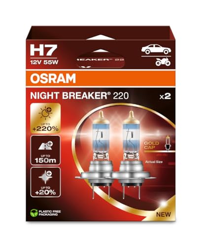 OSRAM NIGHT BREAKER 220, H7, 220% mehr Helligkeit, Halogen-Scheinwerferlampe, 64210NB220-2HB, Faltschachtel (2 Lampen), white