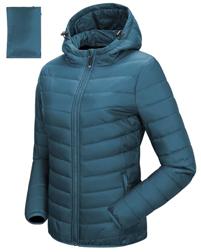 33,000ft Damen Leichte Steppjacke Packbare Übergangsjacke mit Taschen für Frauen Gefüttert Warme Pufferjacke mit Kapuze für Outdoor Freizeit Wandern Petrol Blau M