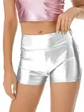 CHICTRY Metallic Hotpants Damen Glänzende Shorts Mit Hoher Taille Eng Anliegende Kurze Hose Für Tanz Sport Disco Fasching Karneval Kostüm Silber A M