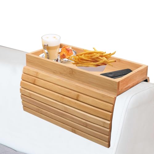 Granvoo Flexibles Sofatablett aus Bambus für Armlehne, Rutschfestes Couch Tablett, Faltbarer Sofa Armlehne Ablage für Fernbedienung Snacks Handy Getränke Tasse