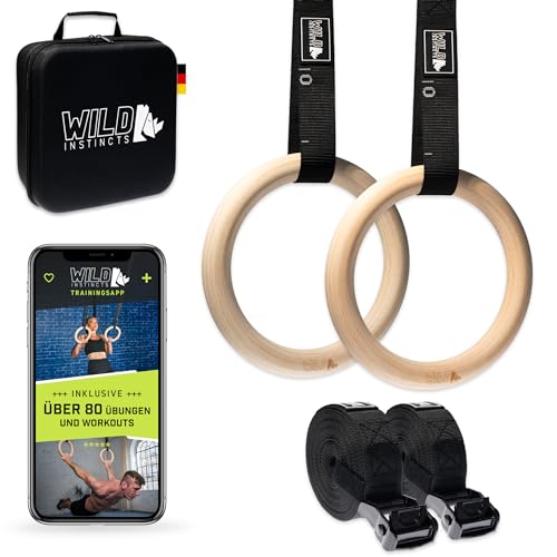 Wild Instincts Premium Turnringe Holz 28mm mit WebApp - Trainingsringe mit 5m Gurtbändern inkl. Case - Gymnastikringe zum Turnen - Calisthenics Ringe - Gymnastic Rings