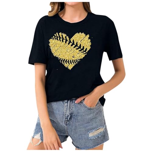 Damen Basic Kurzarm Crop Top Casual Damen-Baseball-Shirt, 2024, modisches Flash-Baseball-Herz-Druck-Kurzarm-T-Shirt, lässiges Rundhals-Top3 Blusen Damen Sommer Kurzarm (Black, XXL)