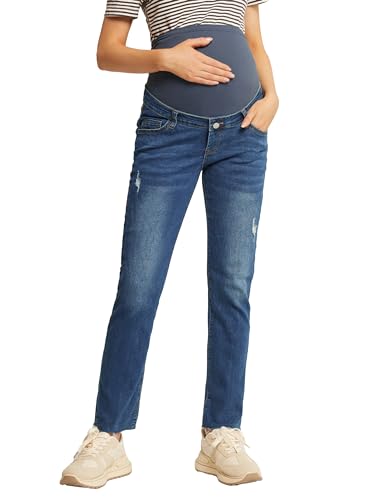 Maacie Umstandshose Umstandsmode gerade geschnittene Hose über dem Bauch mit elastischem Bund super elastische Hose süße Jeans blau S