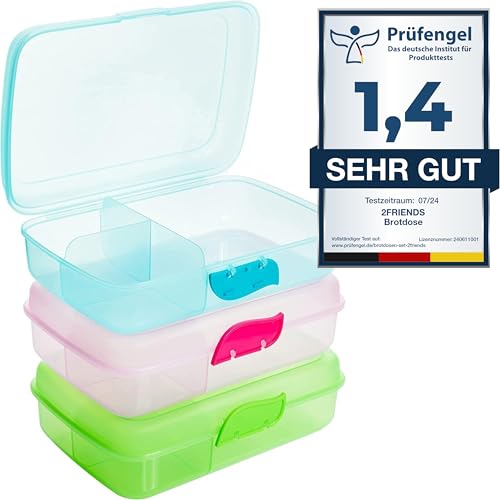 Brotdose Kinder mit Fächern, Brotdosen 3 Stück, Lunchbox Kinder ohne BPA, Frühstücksbox Brotzeitbox, Lunchboxen mit 3 Trennfächern + Clickverschluss, 100% Recyclebar, Grün, Blau, Rosa, Model:Ane