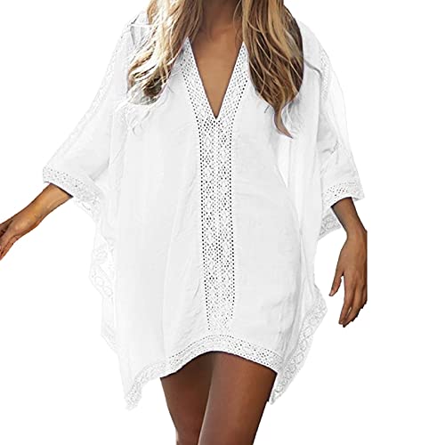 Strandkleid Damen, Strandkleid Damen Pareos & Strandkleider Luftig Strand Tunika Strandponcho Sexy Strandtunika Sommerkleid Sommer Bikini Cover Up Beach Dress for Women, Weiße, Einheitsgröße