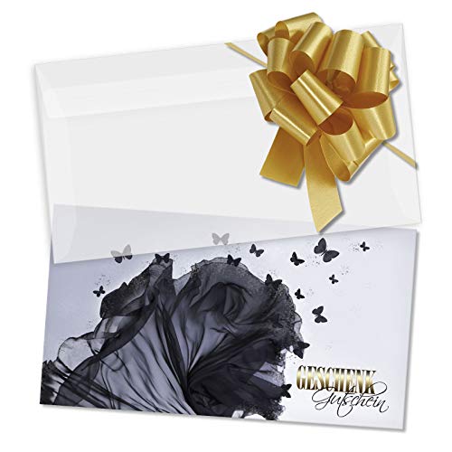 GESCHENKGUTSCHEINcom by POS-HAUER. Gutschein-Set. 50x Gutschein + Kuvert + Schleife. Für Damenmoden Damenmodegeschäft.