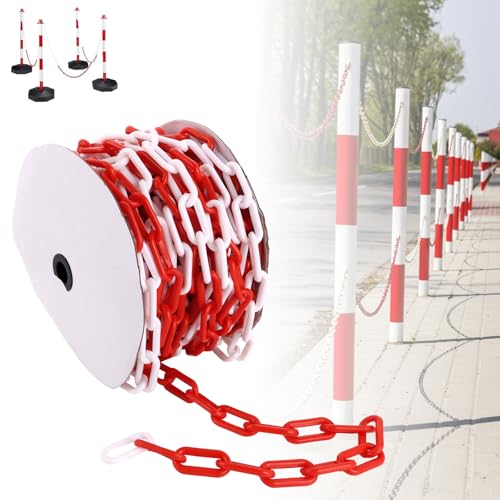 APACALI 25M Absperrkette Rot Weiß Kunststoff, Kunststoffkette 8mm Dicke, Plastikkette, Kunststoffkette zum Absperren von Flächen, Gut Sichtbar, Stabil und Handlich