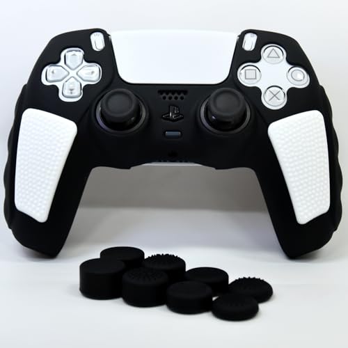 HLRAO Schwarz Weiß Anti-Rutsch-Skin für PS5 Controller, weiche, verdickte, mit Nieten besetzte Schutzhülle aus Silikon, kompatibel mit PS5/Slim/Pro Controller mit 8 Daumengriffkappen.