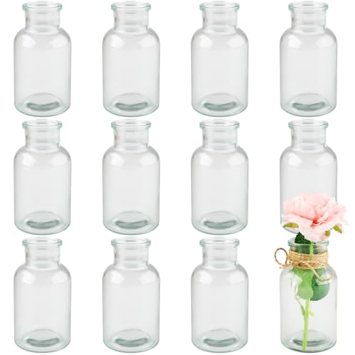 Mezzar Kleine Vasen, 12 Stück Glasvasen für Tischdeko 10CM Hoch Mini Vasen Glasfläschchen für Zuhause, Hochzeiten, Geburtstage, Feste (125ML)