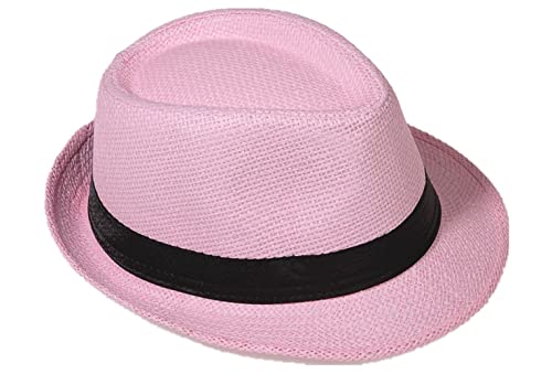 Strohhut Panama Fedora Trilby Gangster Hut Sonnenhut mit Stoffband Farbe:-Rosa (Strohhut) Gr:-58