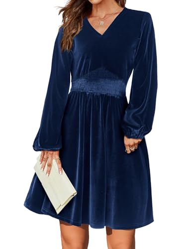 Zeagoo Damen Langarmkleid Elegant Herbst Winter Kleider V-Ausschnitt Einfarbig Minikleid Velvet Dress A Linie Swing Partykleid Navy blau L