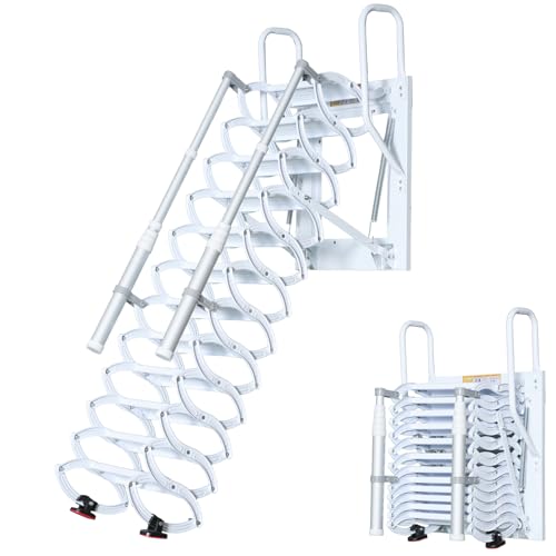 Dachbodenleitern Wandmontierte, 12 Schritte Metall-Klappleitern mit Teleskopstufen, Wand Dachboden-Ausziehsystem, Ausziehbare Dachbodenleiter, für Dachböden, Garagen und Dächer (White, 12 Schritte)