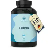 Taurin Kapseln - 2000mg Taurine Tagesdosis hochdosiert - 360 Kapseln: Big Pack - 6 Monatsvorrat - Pre Workout Booster ohne Koffein - Vegan, ohne künstliche Zusätze - Deutsche Produktion - TRUE NATURE