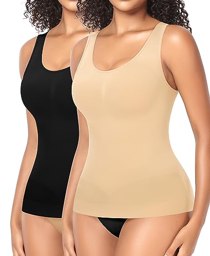 YARRCO Shape Unterhemd Damen Formende Tank Top Bauchweg Shapewear Sport Tanktop Figurformendes Trägertop Body Shaper Hemdchen Nahlos Camisole Shaping Hemd (Schwarz+Beige-Weite Träger, 2XL)