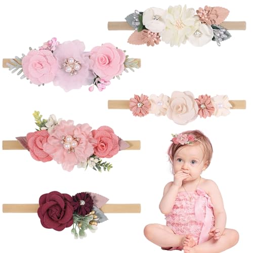 FUIPVGI zarte Blumen Nylon Stirnbänder, creme rosa, zarte Blumen Haarschleifen, elastische, weiche Haarbänder, Frühling, für Babys,Neugeborene, Kleinkinder (DE/NL/SE/PL, Alter, Einheitsgröße, 5Pack)