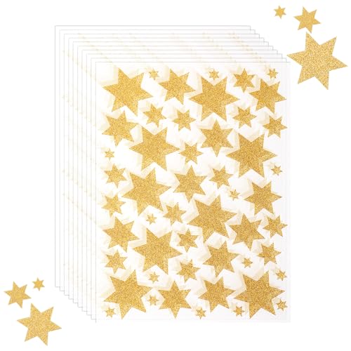 Prasacco 500 Stück/10 Blätter Sterne Sticker, Goldenen Glitzersternen Aufkleber Belohnungssticker für Kinder 4 Größen Selbstklebender Sechseckiger Sternaufkleber für Scrapbooking, Grußkarten, Basteln