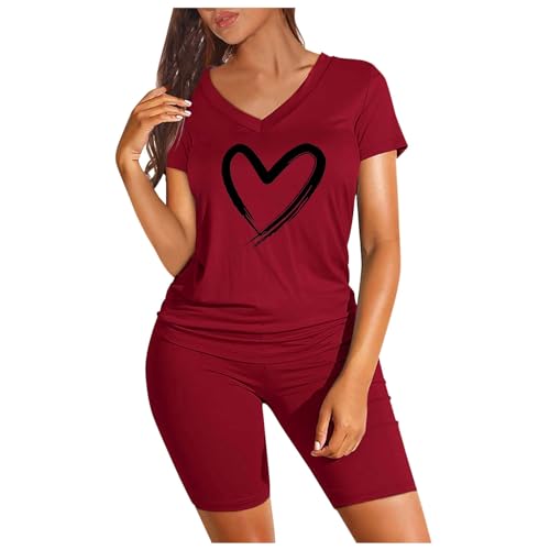 Zweiteilige Damen-Outfits für Damen, kurzärmeliges Shorts-Set mit V-Ausschnitt Strick Set Damen Hausanzug Damen Sommer Hausanzug Damen Elegant Damen Jogginganzug Damen Sportanzug Damen (Wine, XXL)