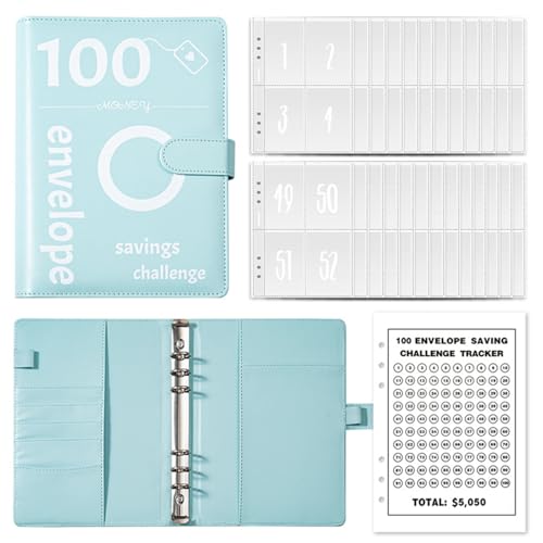 Geldsparbinder Budget Planner, 100 Envelope Saving Challenge, A5 Haushaltsplaner mit Umschlägen, Budget Binder, Geldspar Ordner mit Geldumschlägen, Sparen Sie 5.050 € Budgetplaner (Blau)