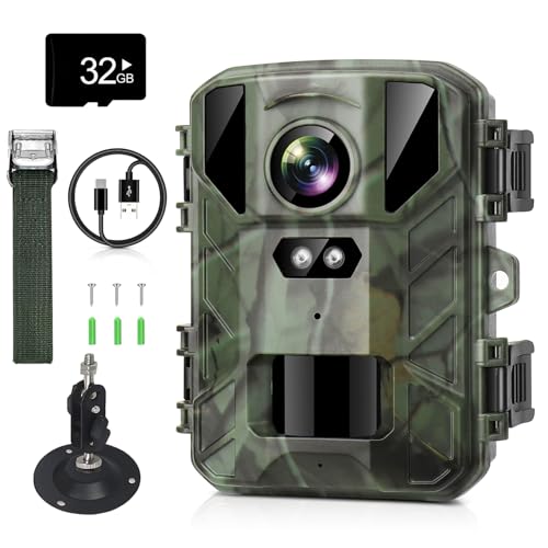 Mini Wildkamera 1080P 24MP Wildtierkamera IR LEDs Wildkamera mit Nachtsicht Bewegungsmelder Nachtsichtkamera 0,2s Schnelle Trigger Wasserdicht Wildtierkamera mit 32G Speicherkarte, für Wildbeobachtung