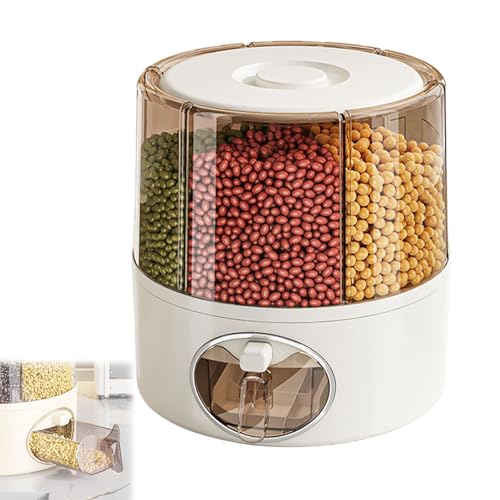 Generisch 360° Rotating Grain Storage Container - 6-Grid Transparent Rice Dispenser w/One-Click Output for Rice, Legumes, Red Beans - Kitchen Dry Food Organizer w/Drawers (White,Small)