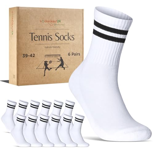 Herren Tennissocken (6 Paar) Sportsocken mit verstärkter Ferse & Fußspitze, gepolsterte Sohle Baumwolle Atmungsaktive Retro Crew Socken 70107T (Weiß Ringel 43-46)