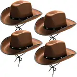 Hiceeden 4er Pack Cowboyhut für Damen, Western Cowboyhut mit formbarer Krempe, Retro Westernhut Filz Cowgirlhut für Erwachsene, Männer, Braun, Einheitsgröße