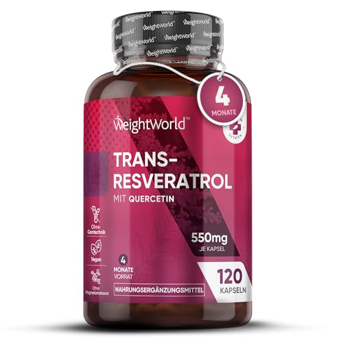 Resveratrol Kapseln - 500mg Trans-Resveratrol mit 50mg Quercetin - 4 Monate Vorrat - Alternative zu OPC Kapseln - 120 vegane Kapseln ohne Magnesiumstearat - Polyphenole aus Knöterich - WeightWorld