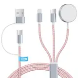 Ladekabel für Apple Watch und iphone Ladegerät - 3 in 2 Charging Kabel Ladestation für iWatch Serien, 120cm USB C SchnellLadekabel für iPhone 15/14/13/12/11/iPad/AirPods, (Rosa)